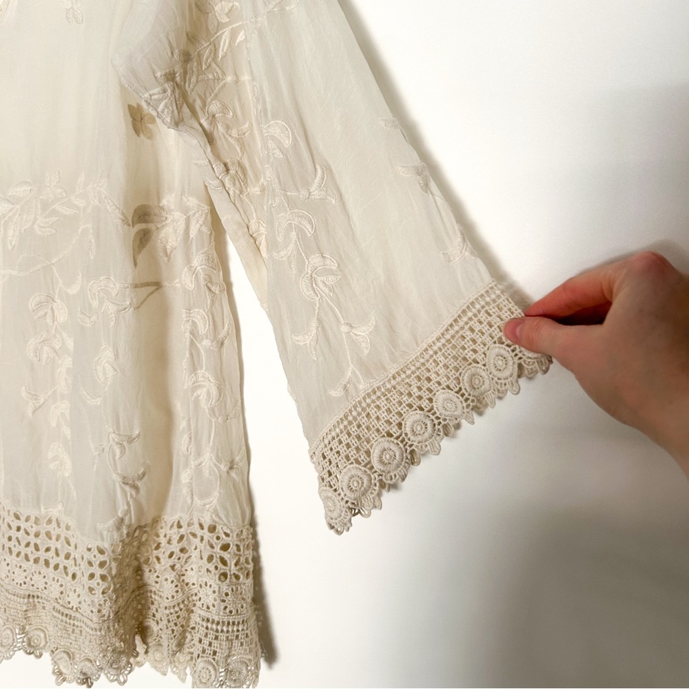 Johnny Was Cream Ivory Long Sleeve Shirt Boho Tunic Blouse Floral Lace Shirt - Picture 5 of 8